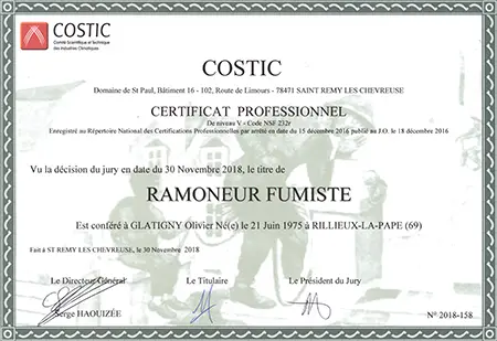 Diplôme de Ramoneur Fumiste - Olivier Ramonage