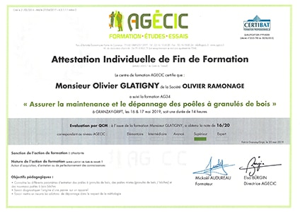 Certification AGECIC poêle à granulés